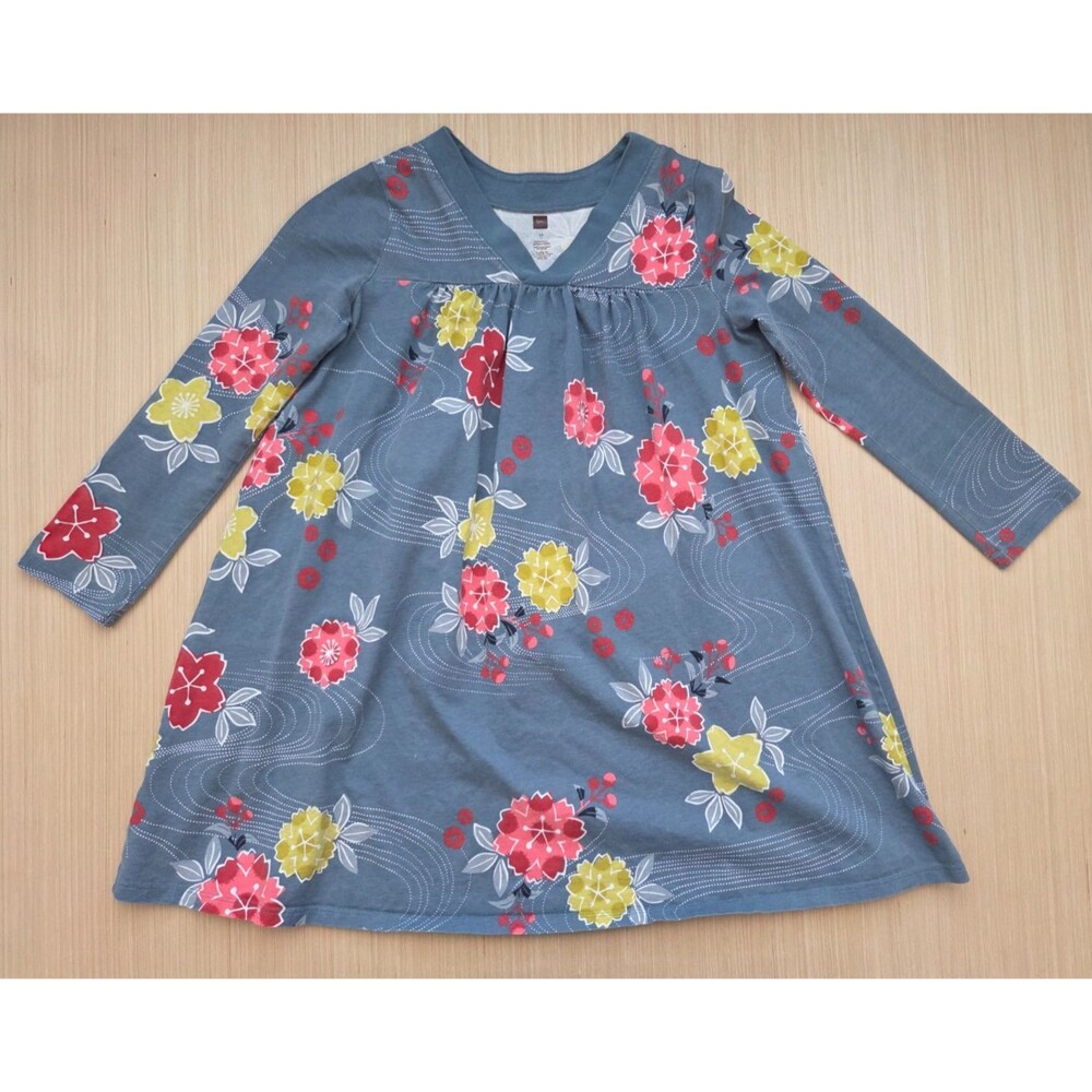 Tea Collection Dress Size 12  Girl Japan Riko Trapeze Blue Floral 100% Cotton